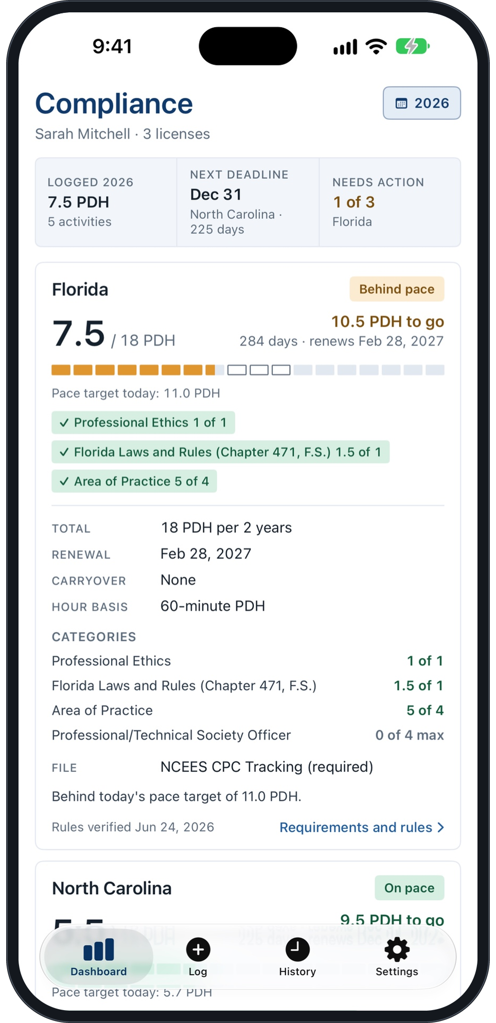 Expanded state card showing category minimums, caps and how to file