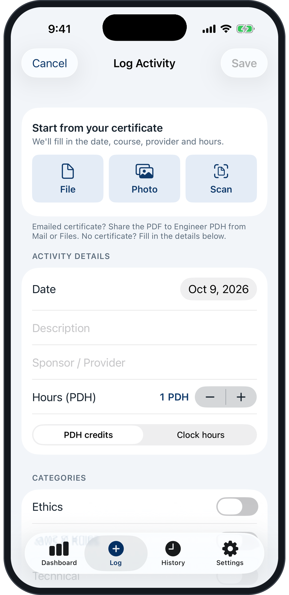 Log Activity screen opening with Start from your certificate: File, Photo or Scan