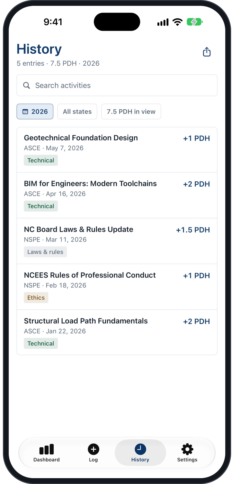 Activity history screen with search and year and state filters