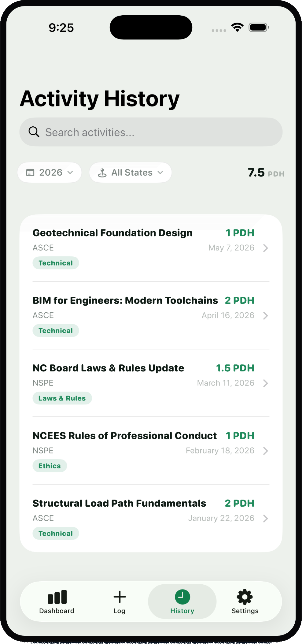 Activity history screen