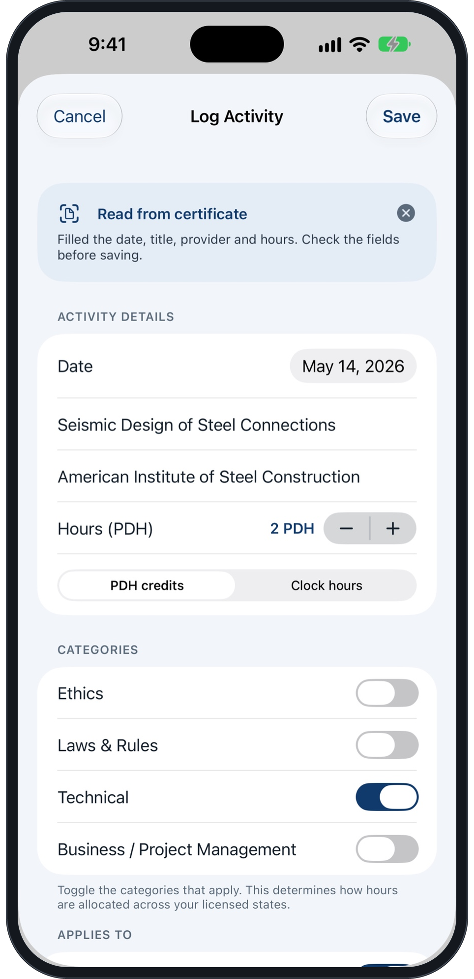 Log Activity form filled in from a certificate, ready to save