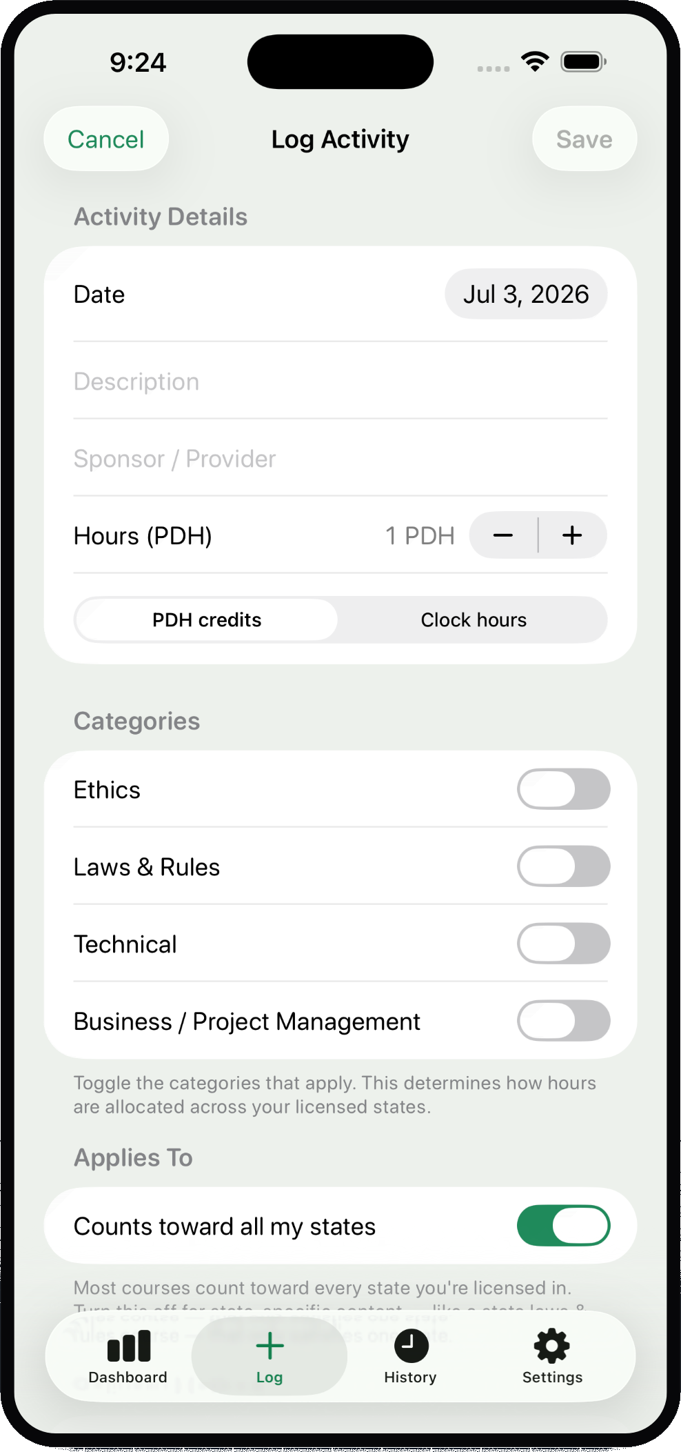 Log activity screen