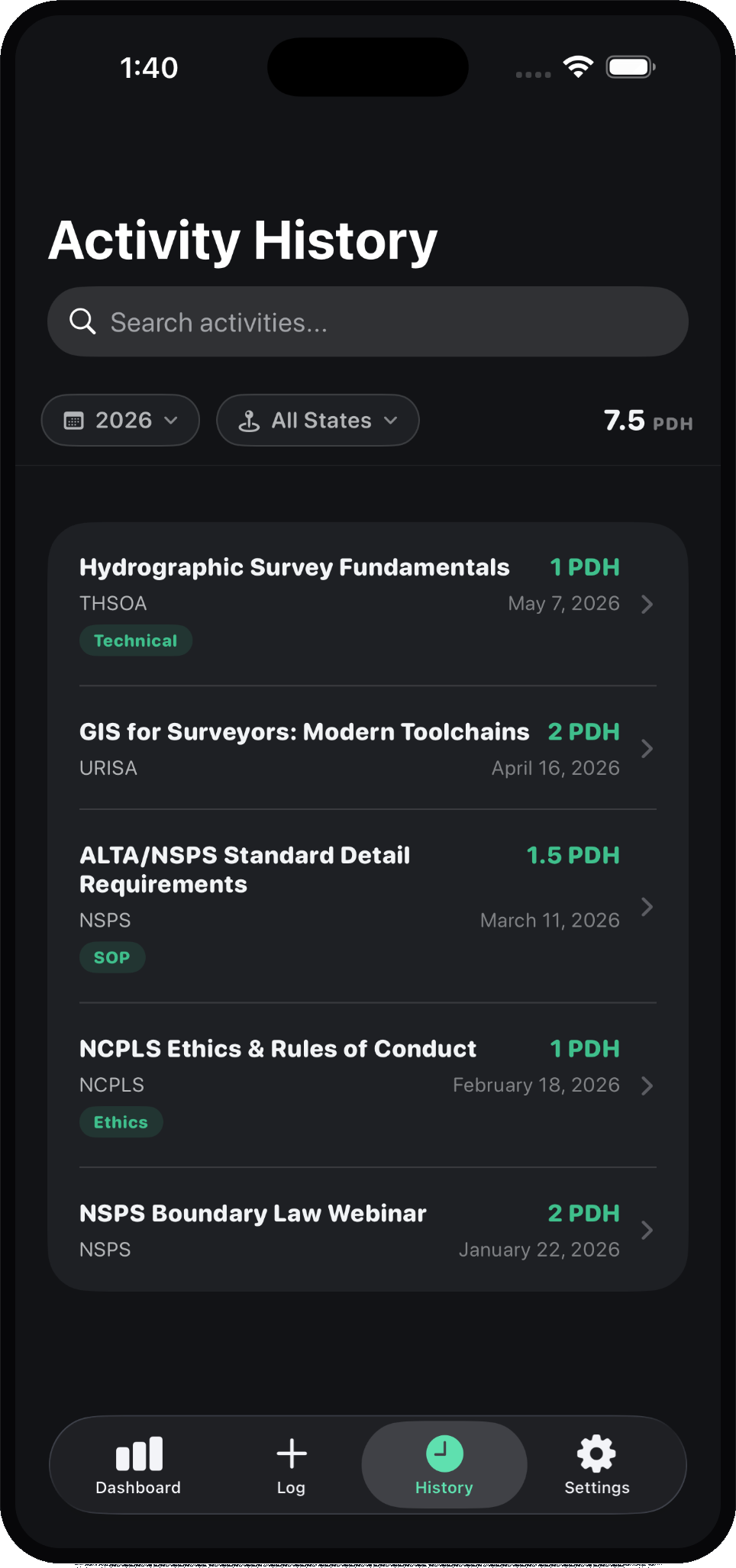 Activity history screen