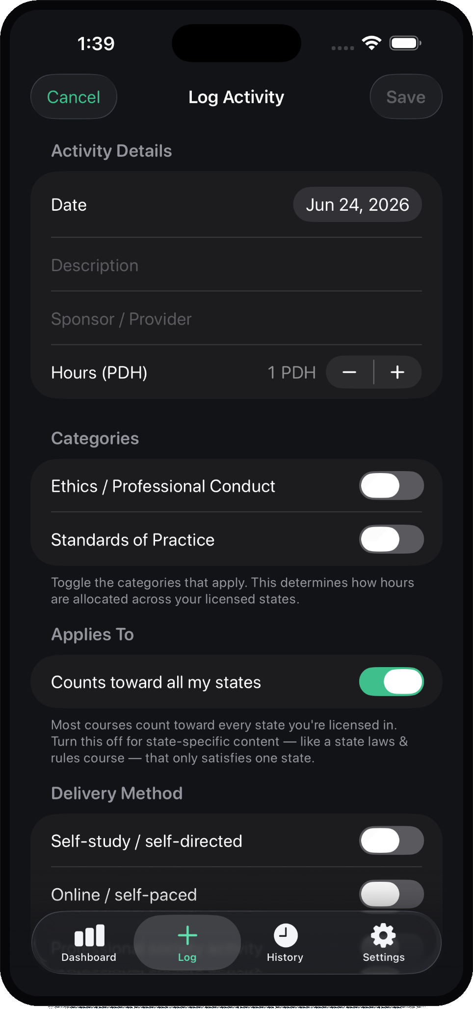 Log activity screen